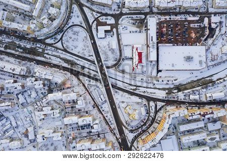 Above View Of Bridge Traffic In City And Road Juctions, Full Cars City Parking.