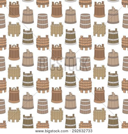 Seamless Vector Pattern With Wooden Tub On White Background. Can Be Used For Graphic Design, Textile