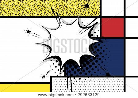 Retro Mondrian Red Yellow Blue Geometric Background. Comic Text Speech Bubble Box. Minimal Trendy Fa