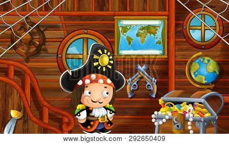 Cartoon Scene With Pirate Ship Cabin Interior With Pirate Boy Sailing Through The Seas - Illustratio