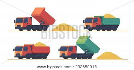 Dumper Truck. A Set Of Trucks, Unloading And Carrying Soil And Construction Materials On Building Si