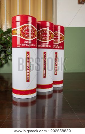 Santa Clara, Cuba - March 19 2019: Three Romeo Y Julieta Cuban Cigars Snuffboxes On A Table