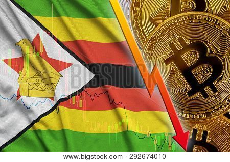 Zimbabwe Flag And Cryptocurrency Falling Trend With Many Golden Bitcoins