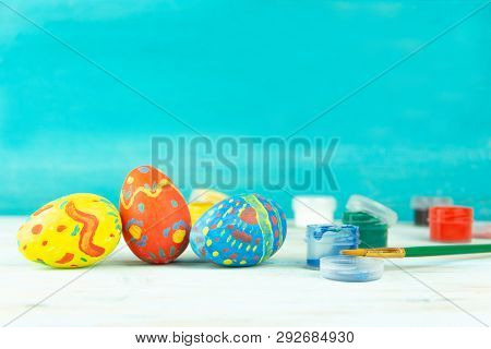 Handmade Color Easter Eggs On Blue Background, Praparetion For Easter