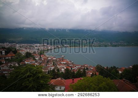 Panoramic Aerial View To Ohrid Lake And City From Samuels Fortress, Ohrid, , North Macedonia
