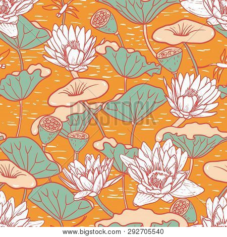 Elegant Water Lilies, Nymphaea Seamless Floral Pattern