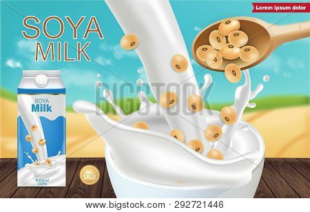 Soy Milk Mock Up Ads With Splash Vector Realistic. Milk Box Product Placement. Label Design. 3d Deta