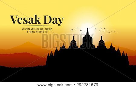 Vesak Day Banner With Silhouette Buddhist Temple Of Borobudur And Mountain View In Evening Time Vect