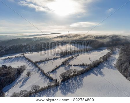 Snow Covered Landscape During Sunny Winter Day In The Eifel Region Aerial Shot