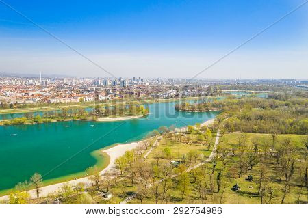 Zagreb, Croatia, Jarun Lake, Beautiful Green Recreation Park Area, Sunny Spring Day, Panoramic View 