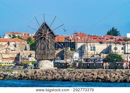 Nessebar, Bulgaria - 2 Sep 2018: The Wooden Windmill In Nesebar Ancient City, One Of The Major Seasi