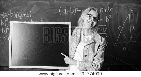 Hometask Information. Teacher Show School Information. Teacher Smart Smiling Woman Hold Blackboard B