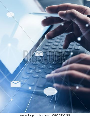 Blogger Using Mobile Touch Pad For Send At Social Network Message.closeup View Of Male Hands Using S