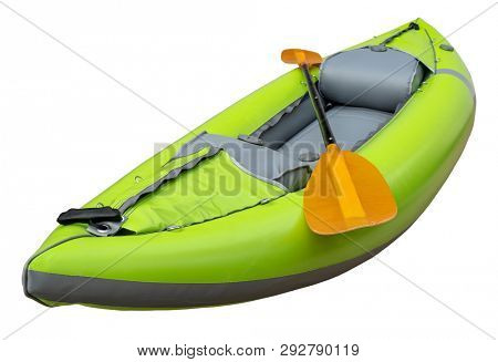 green inflatable whitewater one person kayak with a paddle isolated on white