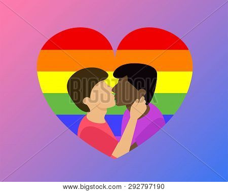 Two Men Kissing, Gay Love, Lgbt Pride Celebration, Flat Vector Illustration