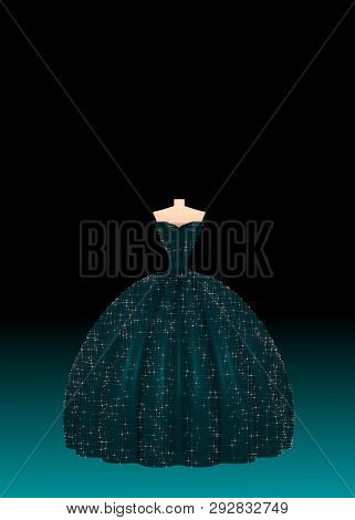 Dark Shiny Fluffy Ball Dress On Black Background 3d Illustration. Concept Of Modeling Luxury Dresses
