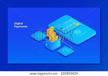 Payment System Mobile Interface.online Payment Concept With Mobile Phone And Credit Card.isometric V