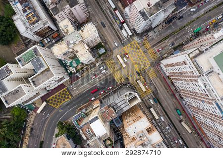 Mong Kok, Hong Kong 21 March 2019: Top view of Hong Kong traffic in city