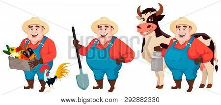 Fat Farmer, Agronomist, Set Of Three Poses. Funny Gardener Man Cartoon Character Holding Vegetables,
