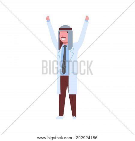 Cheerful Arab Male Doctor Raising Hands Arabic Man In Keffiyeh Celebrating Success Hospital Medicine