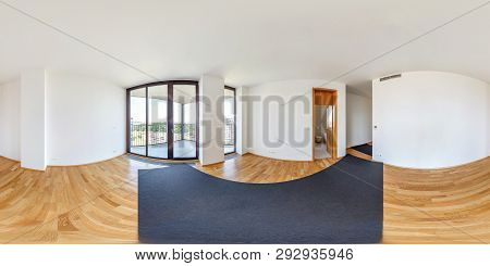 Panorama 360 View In Modern White Empty Loft Apartment Interior Of Living Room Hall, Full  Seamless 