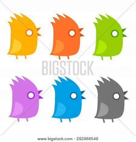 Tufted Birds Flat Icon Set. Funny Chick With Mouth Open Isolated, Cute Vector Illustration.