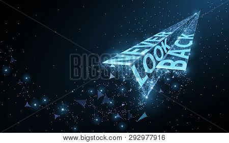 Never Look Back. Abstract Paper Airplane With Motivational Slogan On Dark Blue Background.