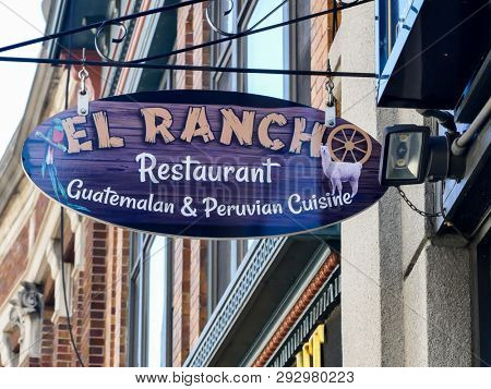 NORWALK, CT, USA - MARCH 26, 2019:  El Rancho Guatemalan and Peruvian cuisine restaurant bar sign near Washington St.