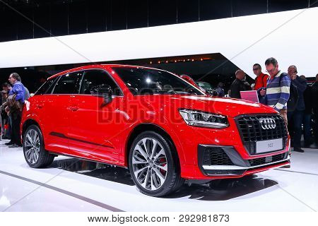 Geneva, Switzerland - March 11, 2019: Red Crossover Audi Sq2 Presented At The Annual Geneva Internat