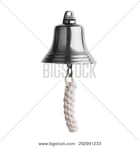 Metal Bell With Rope On White Background