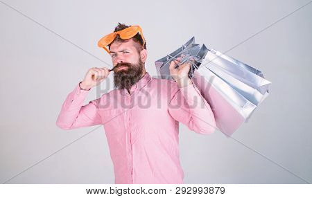 Happy Shopping With Bunch Paper Bags. Shopping Addicted Consumer. Man Bearded Hipster Wear Sunglasse