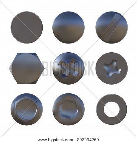 A Set Of Metal Sliver Screws And Bolt Caps Vector