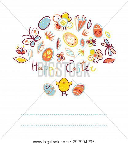 Colorful Happy Easter Template With Eggs, Flowers, Chickens. Useful For Posters, Invitation, Greetin