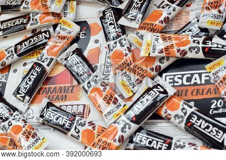 Many Nescafe Caramel Cream Coffee Sticks. Nescafe Is A Brand Of Coffee Made By Nestle, Swiss Multina