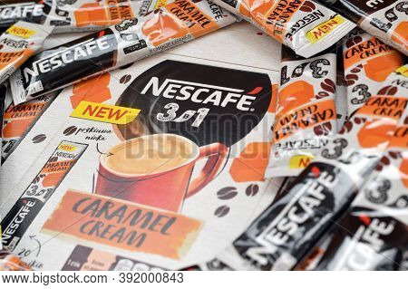 Many Nescafe Caramel Cream Coffee Sticks. Nescafe Is A Brand Of Coffee Made By Nestle, Swiss Multina
