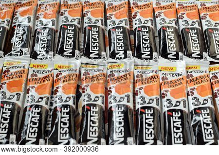 Many Nescafe Caramel Cream Coffee Sticks. Nescafe Is A Brand Of Coffee Made By Nestle, Swiss Multina