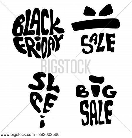 Black Friday Balloons Icon Set On White Isolated Backdrop. Big Sale For Invitation Or Gift Card, Not