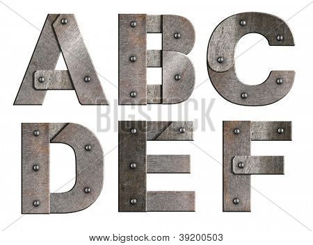 白で隔離古いグランジ金属アルファベット。A から f.