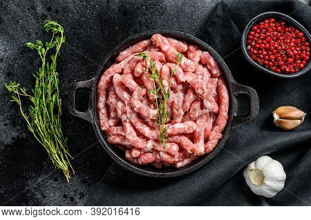 Raw Chicken, Turkey Ground Meat In A Pan. Organic Forcemeat, Mince. Black Background. Top View