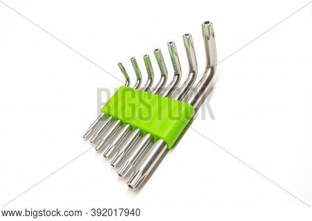 Sets Of Hex Keys On White Background, Chromed Steel Key Set