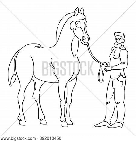 Bearded Oriental Man Holding Reins Of Arabian Horse At Horse Races. Equestrian Sport Concept. Contin