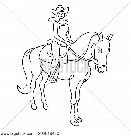Young Girl Woman Rider Riding A Horse. Equestrian Sport Concept. Continuous Single Line.flat Sketch 