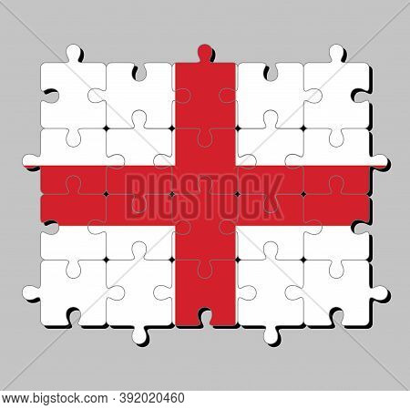 Jigsaw Puzzle Of England Flag In Red Centred Cross On A White Background. Concept Of Fulfillment Or 