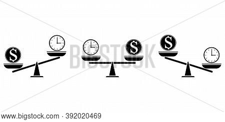 Vector Illustration. Life And Money Harmony Symbol. Different Scales With A Dollar And A Clock. Stoc