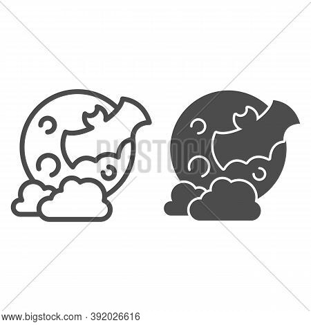 Bat With Full Moon Clouds Line And Solid Icon, Halloween Concept, Big Moon And Flittermouse Sign On 
