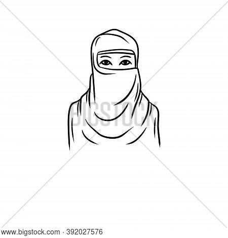 Arab Woman In Hijab. National Oriental Clothing. Headscarf On Head.