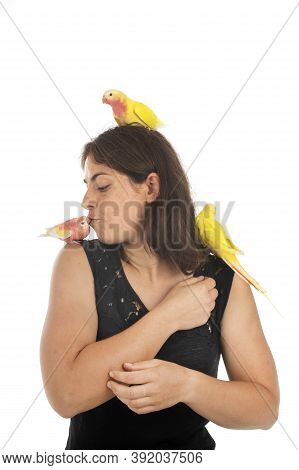 Princess Parrot Bourke, And Woman,  In Front Of White Background