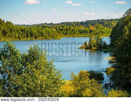 Beautiful View Of Forest Lake Sea Eye In Sunny Summer Day. Lakes Of Mari El Republic, Russia.