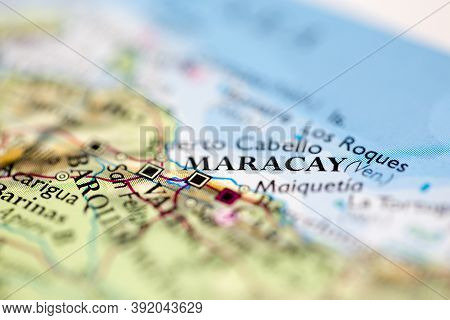 Shallow Depth Of Field Focus On Geographical Map Location Of Maracay City Venezuela South America Co