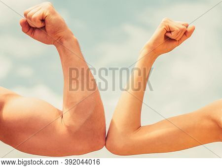 Rivalry Concept. Rivalry, Vs, Challenge, Strength Comparison. Sporty Man And Woman. Muscular Arm Vs 